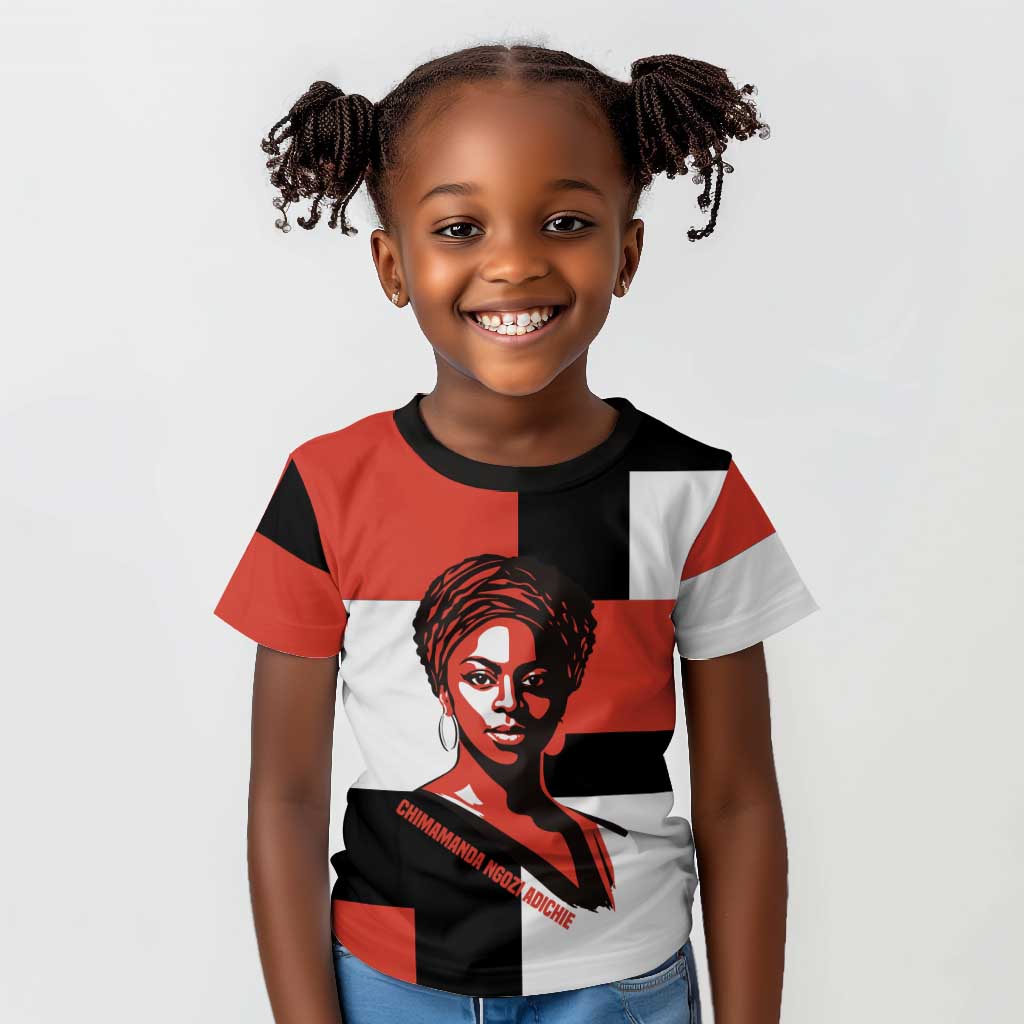 Chimamanda Ngozi Adichie Kid T shirt with Bold Red Portrait, We Should All Be Feminists Quote - African Pride