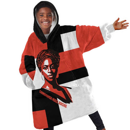 Chimamanda Ngozi Adichie Kid Wearable Blanket Hoodie with Bold Red Portrait, We Should All Be Feminists Quote - African Pride
