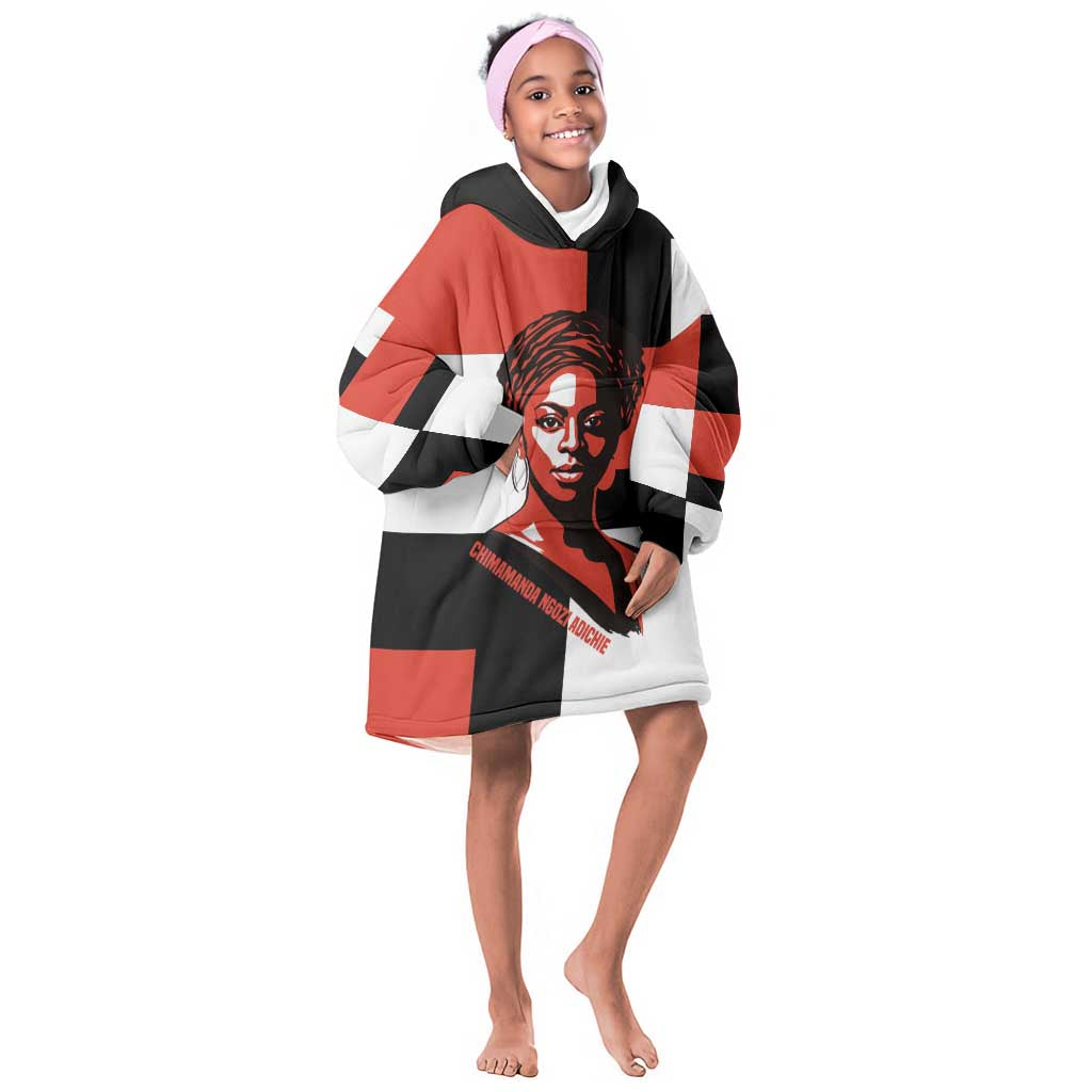 Chimamanda Ngozi Adichie Kid Wearable Blanket Hoodie with Bold Red Portrait, We Should All Be Feminists Quote - African Pride