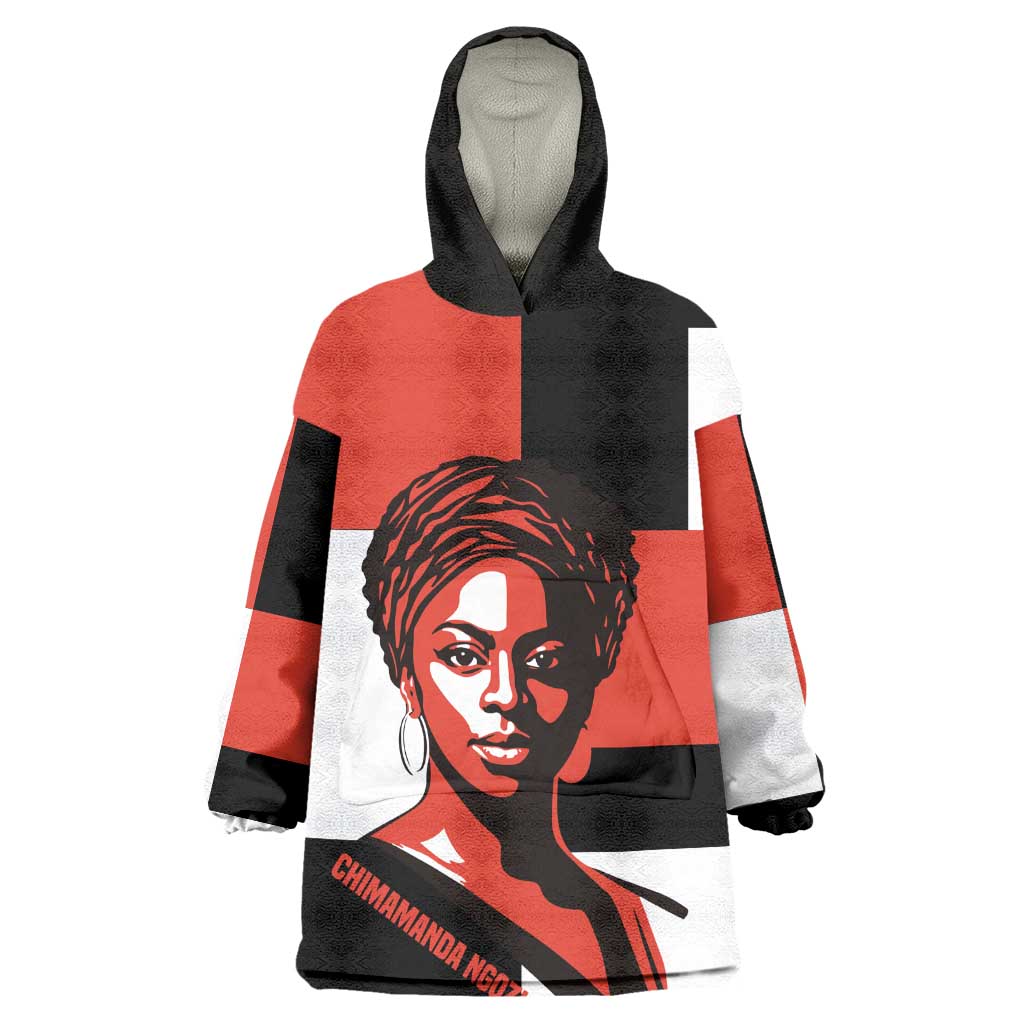 Chimamanda Ngozi Adichie Kid Wearable Blanket Hoodie with Bold Red Portrait, We Should All Be Feminists Quote - African Pride
