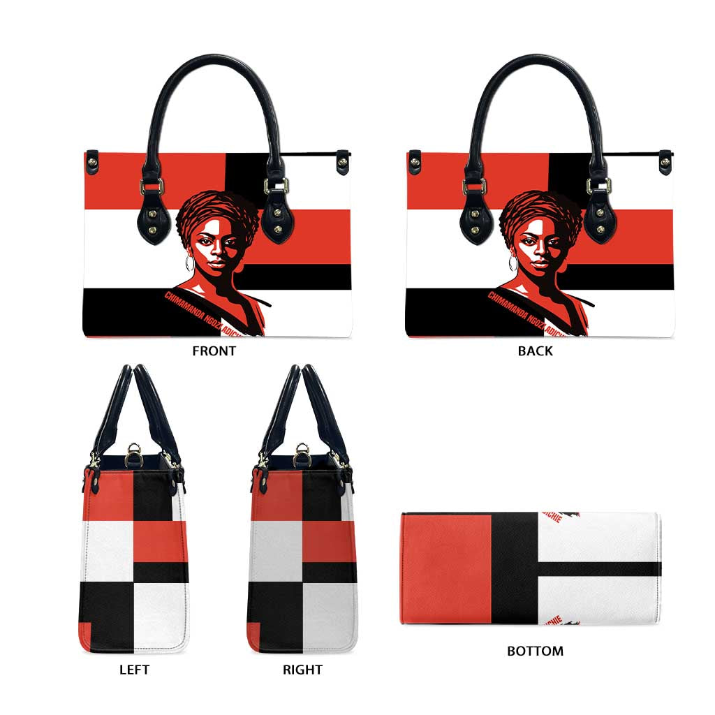 Chimamanda Ngozi Adichie Leather Bag with Bold Red Portrait, We Should All Be Feminists Quote - African Pride