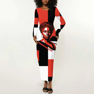 Chimamanda Ngozi Adichie Long Sleeve Bodycon Dress with Bold Red Portrait, We Should All Be Feminists Quote - African Pride