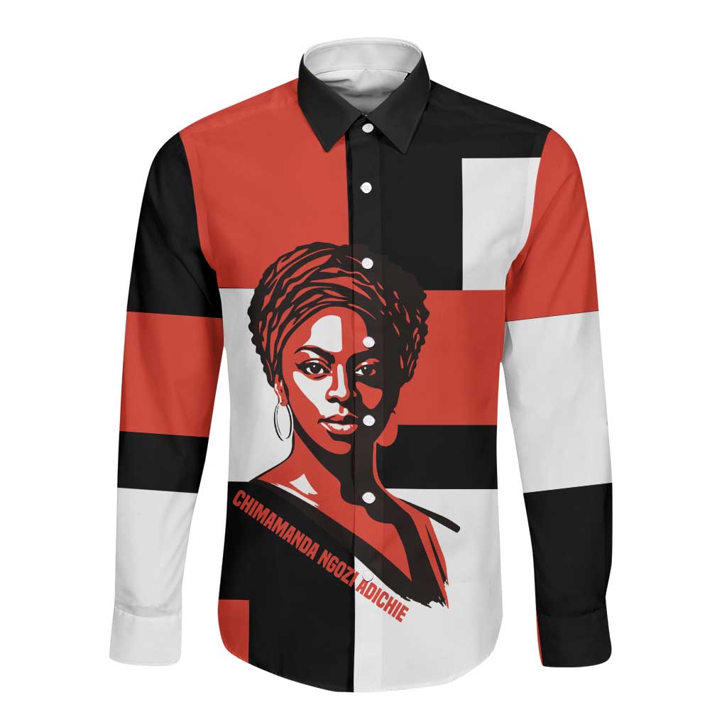 Chimamanda Ngozi Adichie Long Sleeve Button Shirt with Bold Red Portrait, We Should All Be Feminists Quote - African Pride