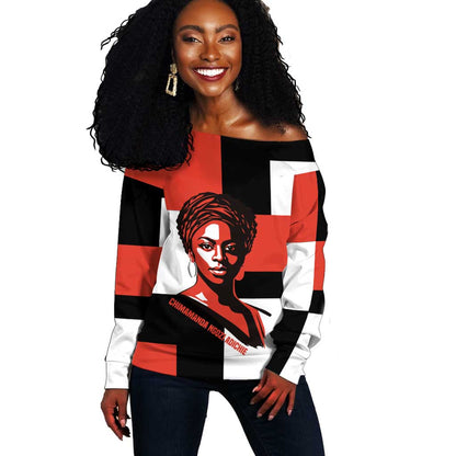 Chimamanda Ngozi Adichie Off Shoulder Sweater with Bold Red Portrait, We Should All Be Feminists Quote - African Pride