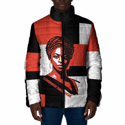 Chimamanda Ngozi Adichie Padded Jacket with Bold Red Portrait, We Should All Be Feminists Quote - African Pride