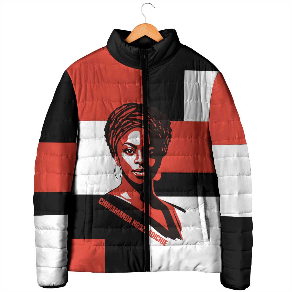 Chimamanda Ngozi Adichie Padded Jacket with Bold Red Portrait, We Should All Be Feminists Quote - African Pride
