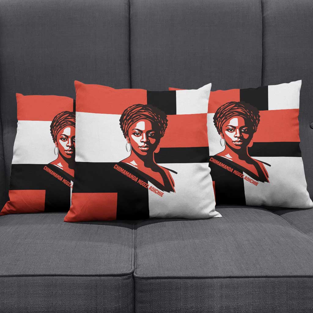 Chimamanda Ngozi Adichie Pillow Cover with Bold Red Portrait, We Should All Be Feminists Quote - African Pride