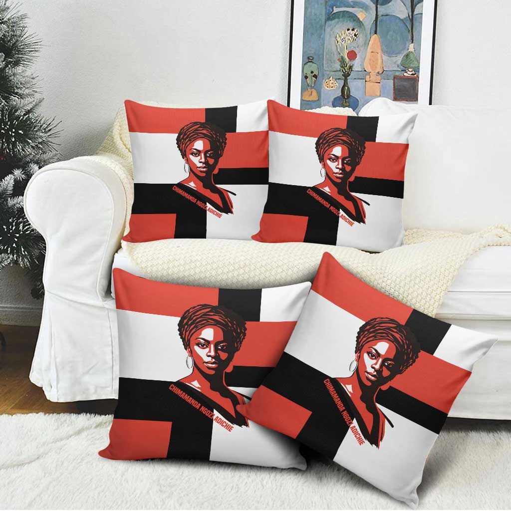 Chimamanda Ngozi Adichie Pillow Cover with Bold Red Portrait, We Should All Be Feminists Quote - African Pride