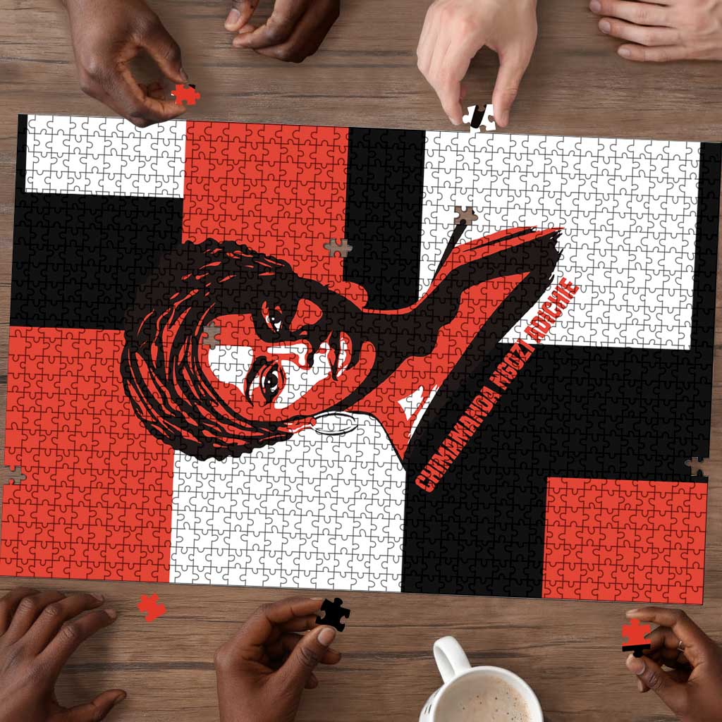 Chimamanda Ngozi Adichie Puzzle with Bold Red Portrait, We Should All Be Feminists Quote - African Pride