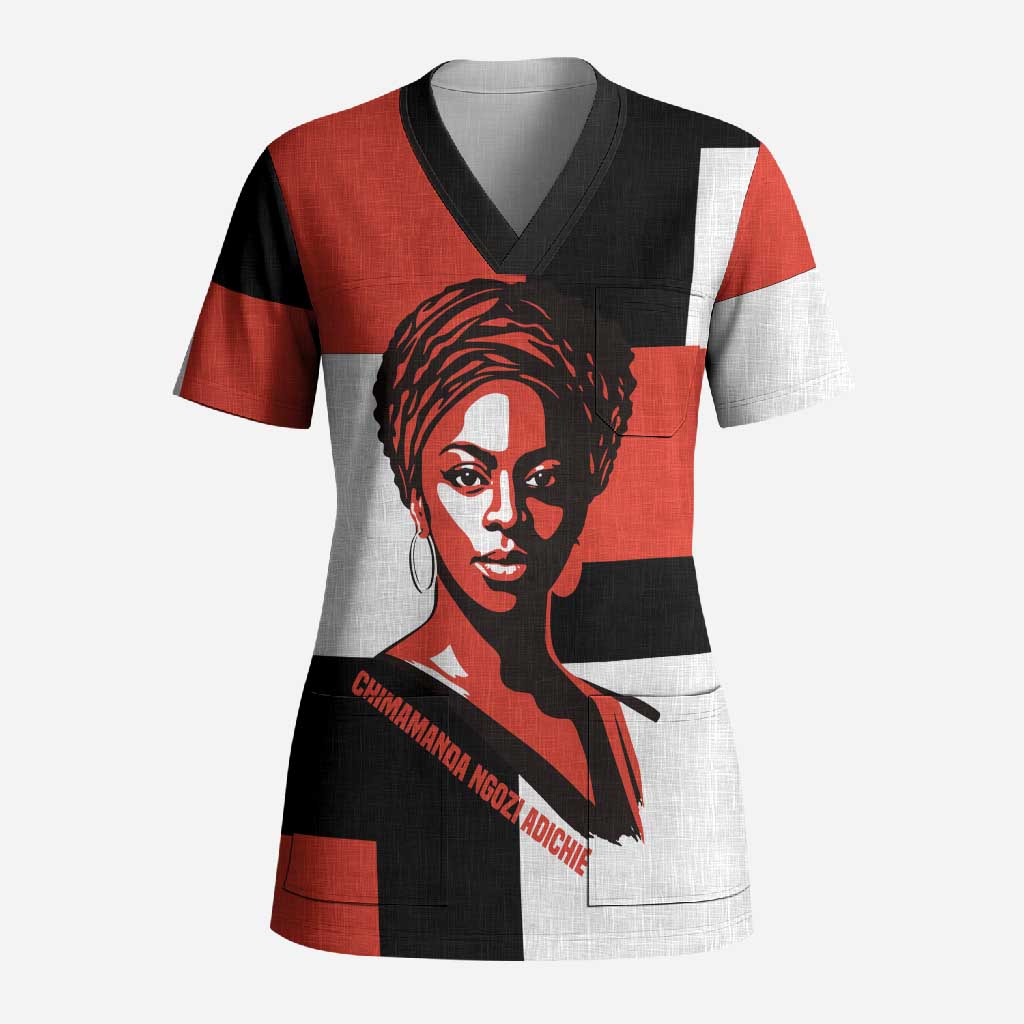 Chimamanda Ngozi Adichie Scrub Top with Bold Red Portrait, We Should All Be Feminists Quote - African Pride