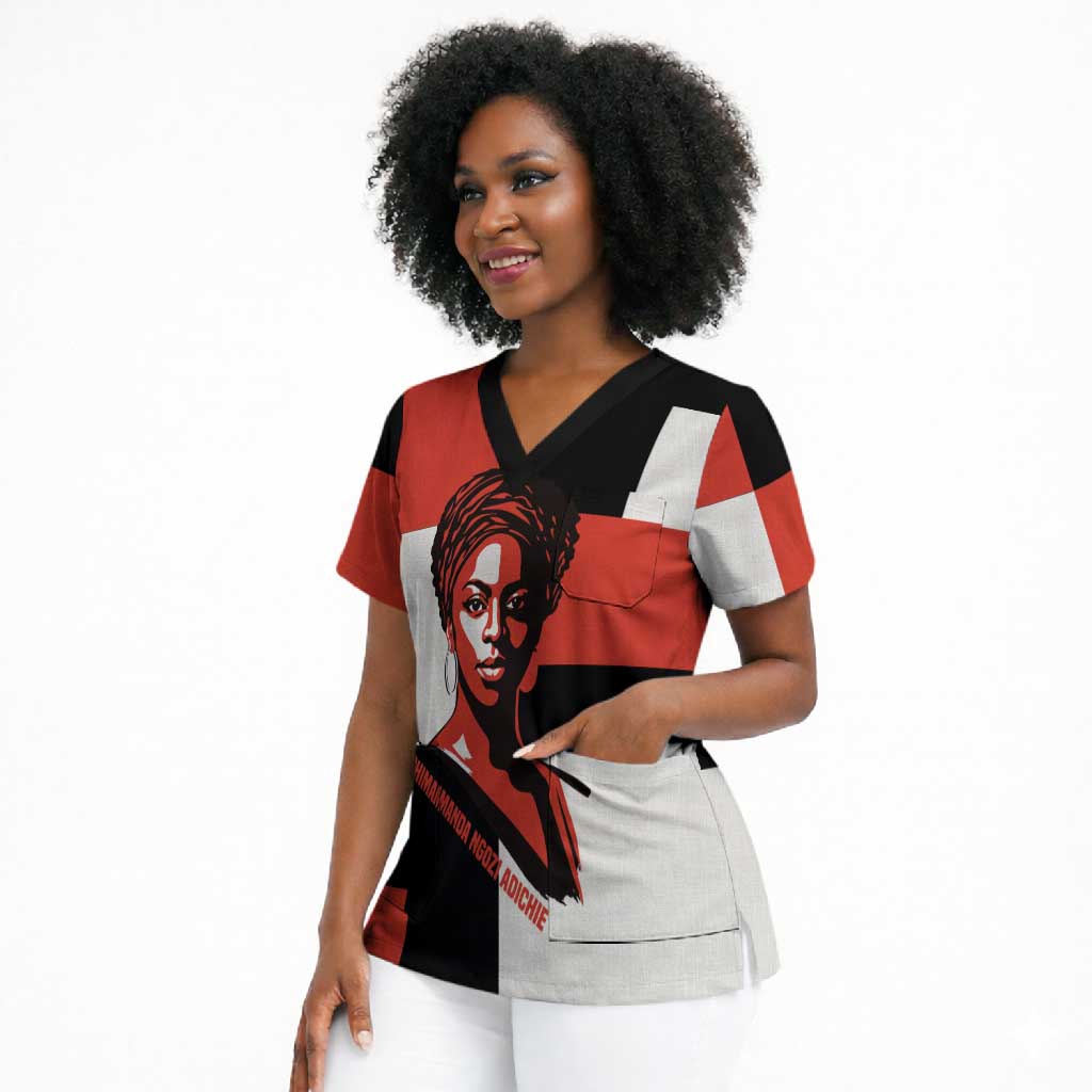 Chimamanda Ngozi Adichie Scrub Top with Bold Red Portrait, We Should All Be Feminists Quote - African Pride