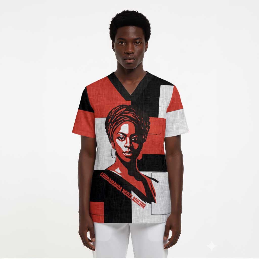 Chimamanda Ngozi Adichie Scrub Top with Bold Red Portrait, We Should All Be Feminists Quote - African Pride