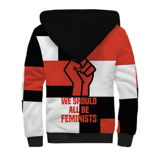 Chimamanda Ngozi Adichie Sherpa Hoodie with Bold Red Portrait, We Should All Be Feminists Quote - African Pride