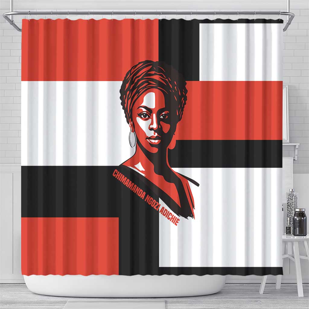 Chimamanda Ngozi Adichie Shower Curtain with Bold Red Portrait, We Should All Be Feminists Quote - African Pride