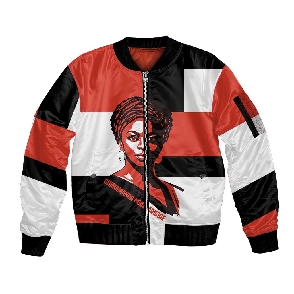 Chimamanda Ngozi Adichie Sleeve Zip Bomber Jacket with Bold Red Portrait, We Should All Be Feminists Quote - African Pride