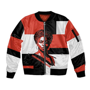 Chimamanda Ngozi Adichie Sleeve Zip Bomber Jacket with Bold Red Portrait, We Should All Be Feminists Quote - African Pride