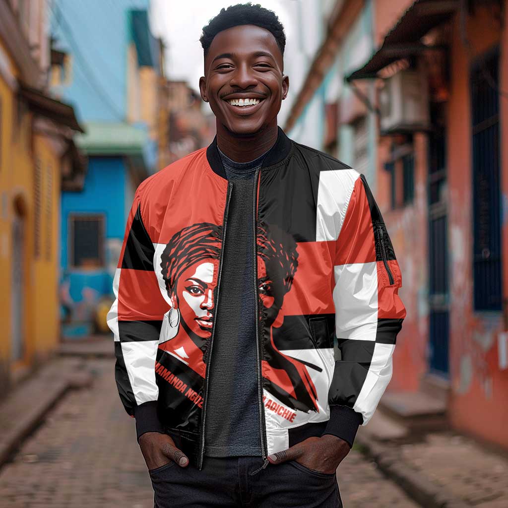 Chimamanda Ngozi Adichie Sleeve Zip Bomber Jacket with Bold Red Portrait, We Should All Be Feminists Quote - African Pride
