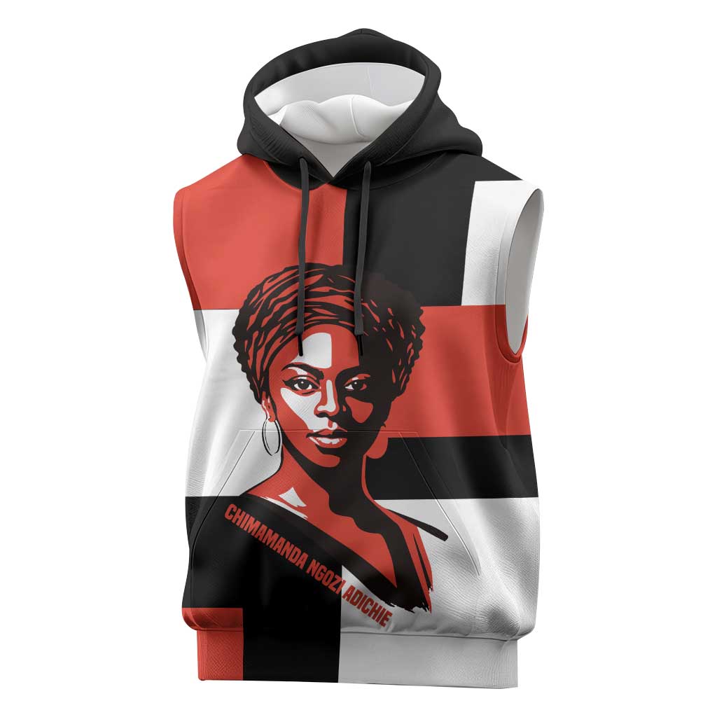 Chimamanda Ngozi Adichie Sleeveless Hoodie with Bold Red Portrait, We Should All Be Feminists Quote - African Pride
