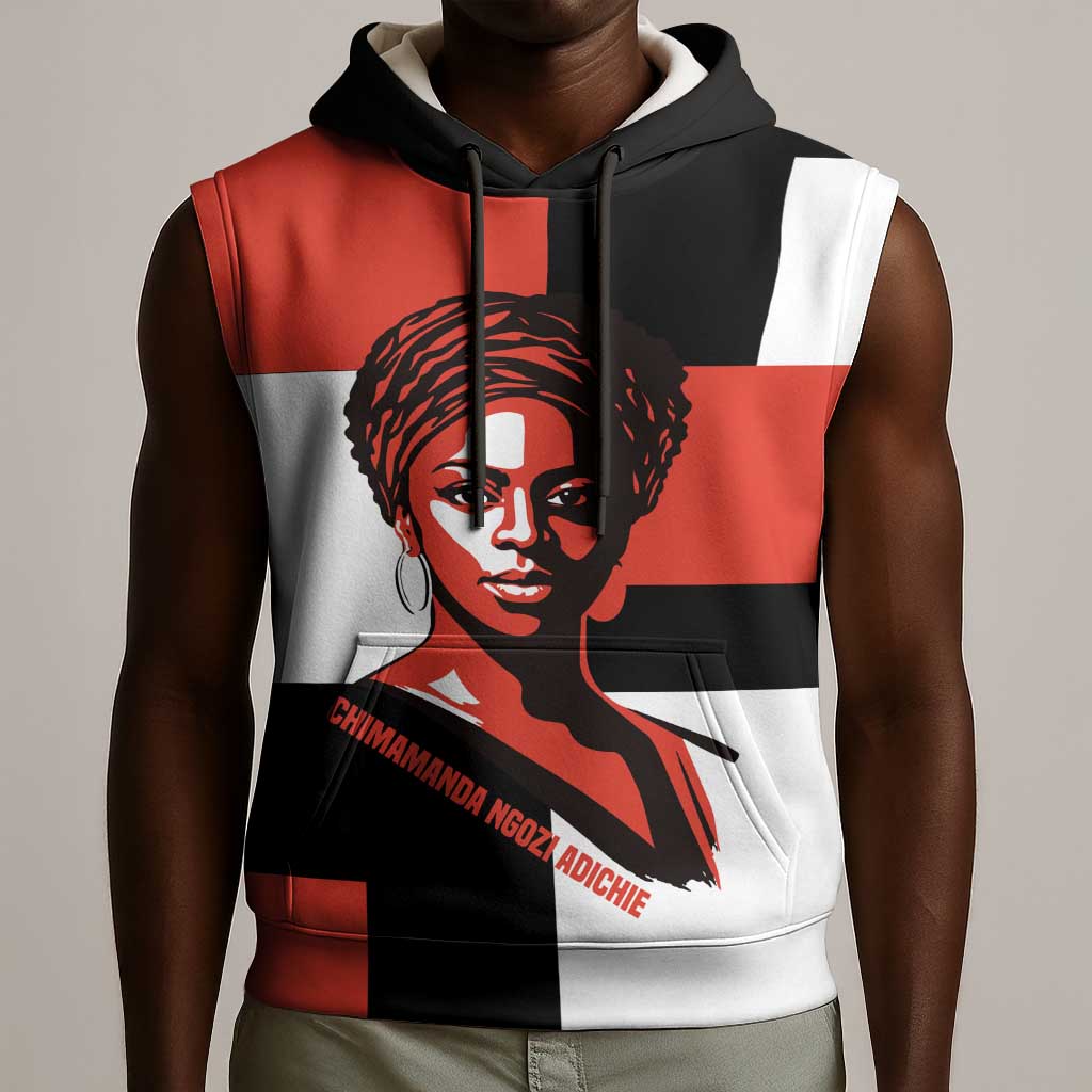 Chimamanda Ngozi Adichie Sleeveless Hoodie with Bold Red Portrait, We Should All Be Feminists Quote - African Pride