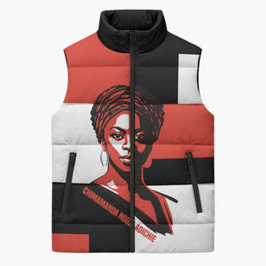 Chimamanda Ngozi Adichie Sleeveless Puffer Jacket with Bold Red Portrait, We Should All Be Feminists Quote - African Pride
