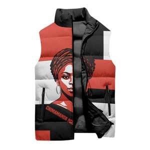 Chimamanda Ngozi Adichie Sleeveless Puffer Jacket with Bold Red Portrait, We Should All Be Feminists Quote - African Pride