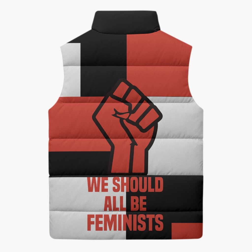 Chimamanda Ngozi Adichie Sleeveless Puffer Jacket with Bold Red Portrait, We Should All Be Feminists Quote - African Pride