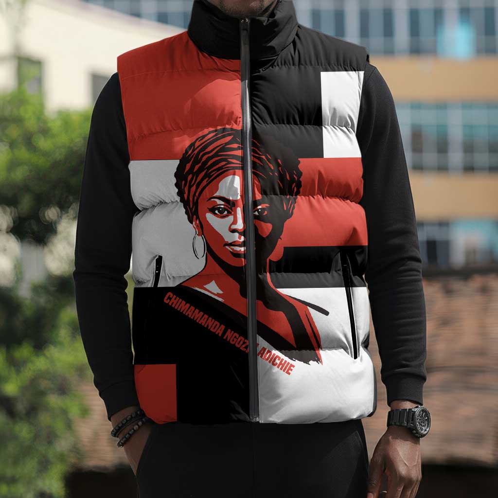 Chimamanda Ngozi Adichie Sleeveless Puffer Jacket with Bold Red Portrait, We Should All Be Feminists Quote - African Pride