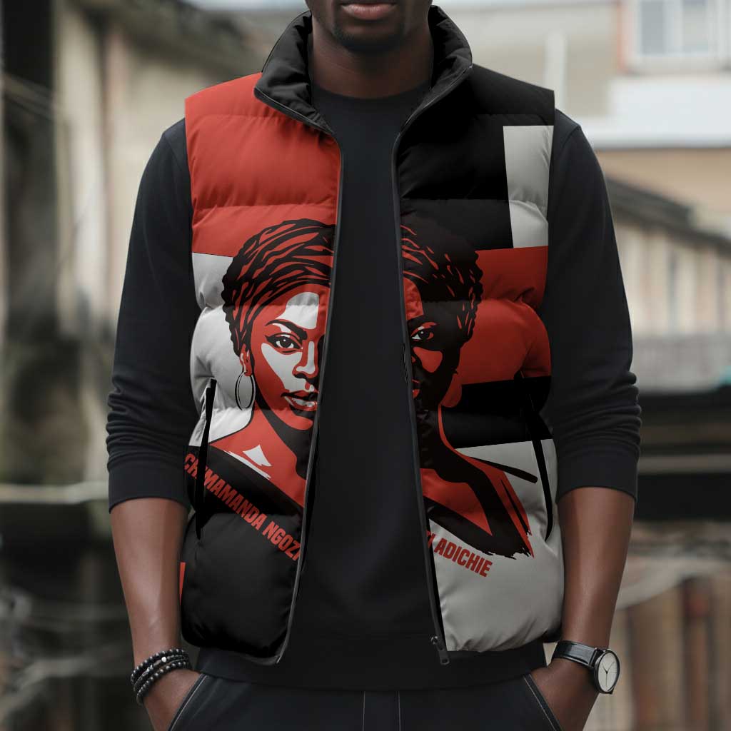 Chimamanda Ngozi Adichie Sleeveless Puffer Jacket with Bold Red Portrait, We Should All Be Feminists Quote - African Pride