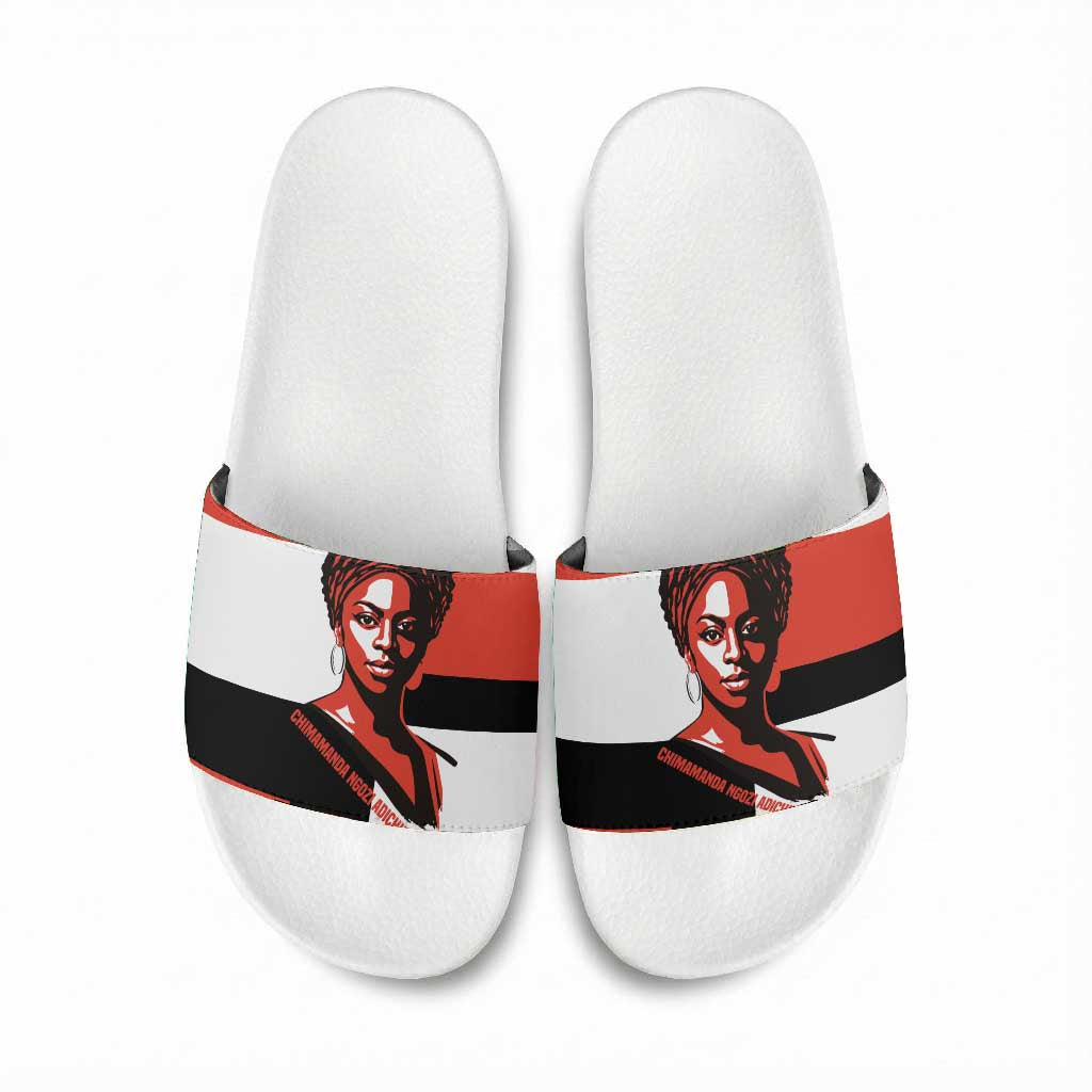Chimamanda Ngozi Adichie Slide Sandals with Bold Red Portrait, We Should All Be Feminists Quote - African Pride