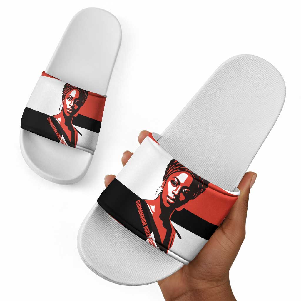 Chimamanda Ngozi Adichie Slide Sandals with Bold Red Portrait, We Should All Be Feminists Quote - African Pride