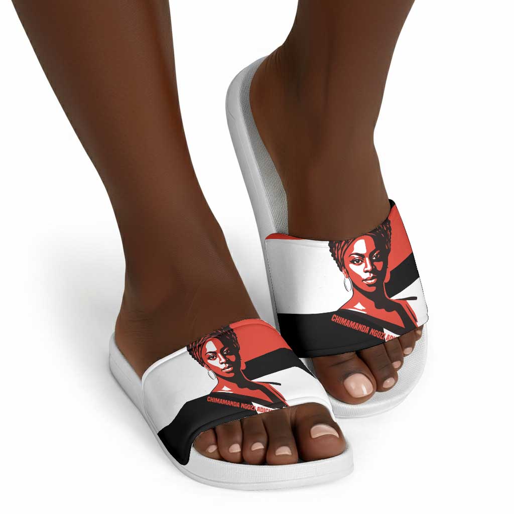 Chimamanda Ngozi Adichie Slide Sandals with Bold Red Portrait, We Should All Be Feminists Quote - African Pride
