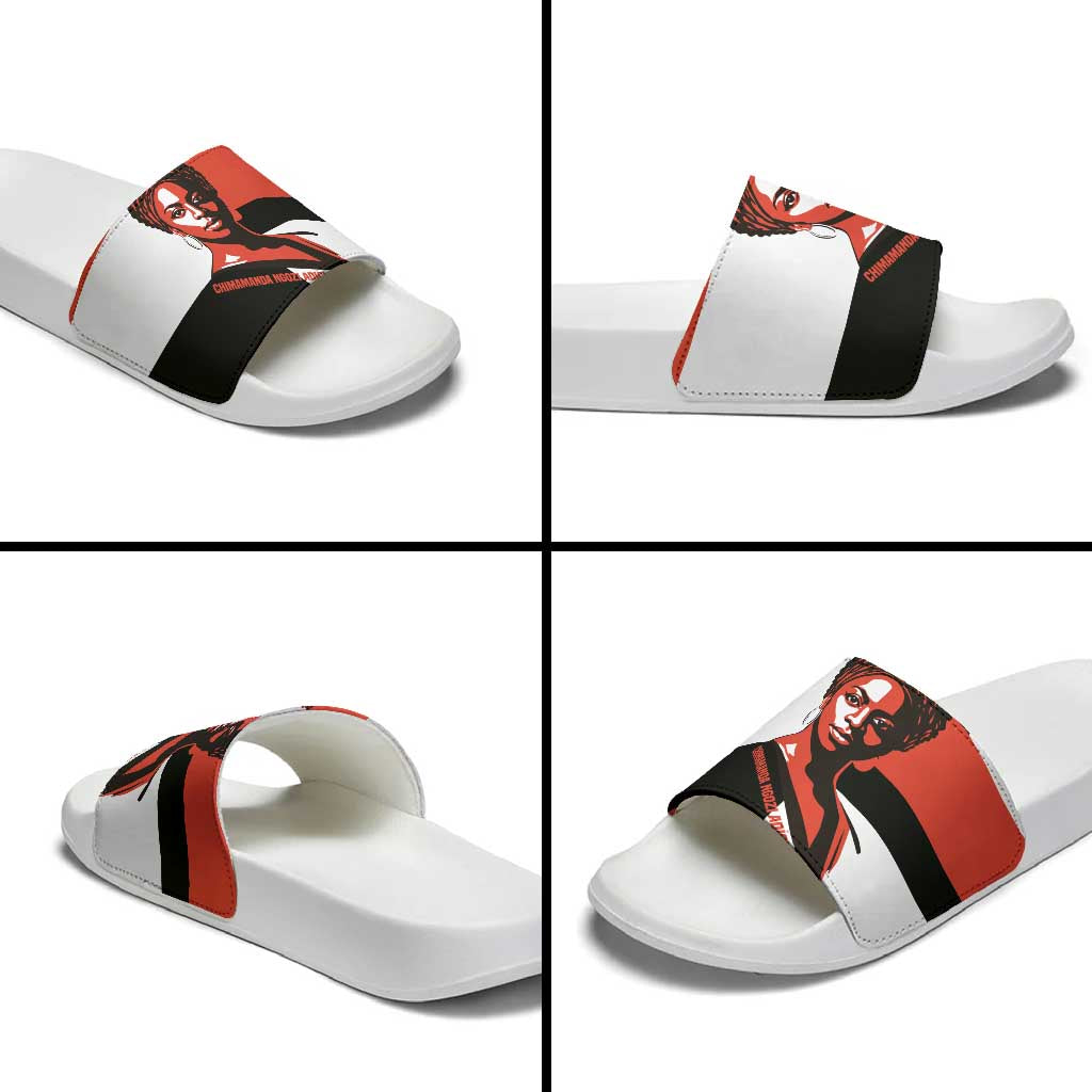 Chimamanda Ngozi Adichie Slide Sandals with Bold Red Portrait, We Should All Be Feminists Quote - African Pride