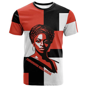 Chimamanda Ngozi Adichie T shirt with Bold Red Portrait, We Should All Be Feminists Quote - African Pride