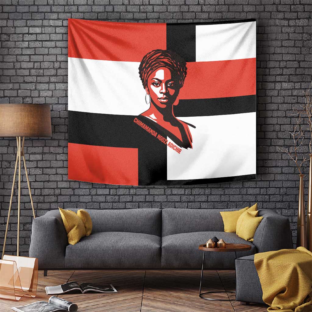 Chimamanda Ngozi Adichie Tapestry with Bold Red Portrait, We Should All Be Feminists Quote - African Pride