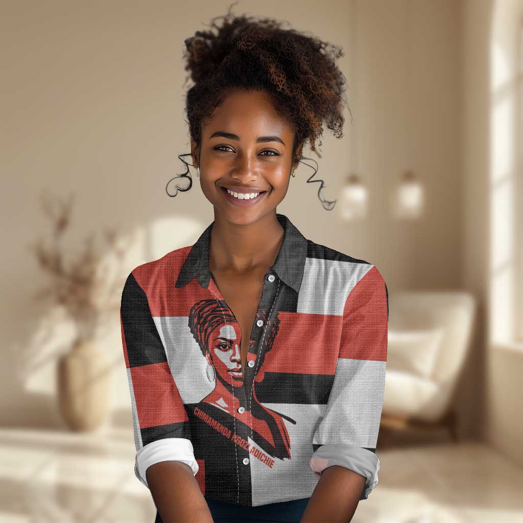 Chimamanda Ngozi Adichie Women Casual Shirt with Bold Red Portrait, We Should All Be Feminists Quote - African Pride