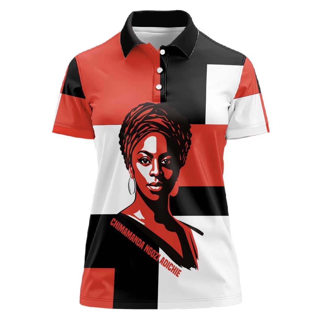 Chimamanda Ngozi Adichie Women Polo Shirt with Bold Red Portrait, We Should All Be Feminists Quote - African Pride