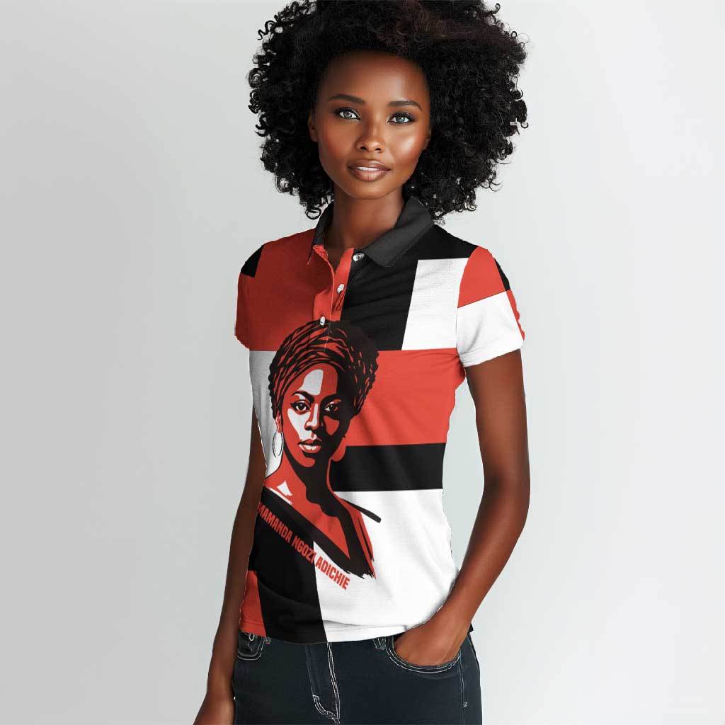 Chimamanda Ngozi Adichie Women Polo Shirt with Bold Red Portrait, We Should All Be Feminists Quote - African Pride
