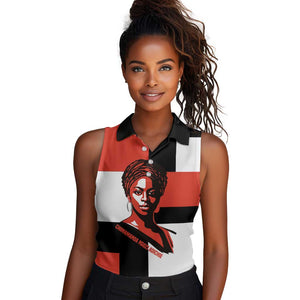 Chimamanda Ngozi Adichie Women Sleeveless Polo Shirt with Bold Red Portrait, We Should All Be Feminists Quote - African Pride