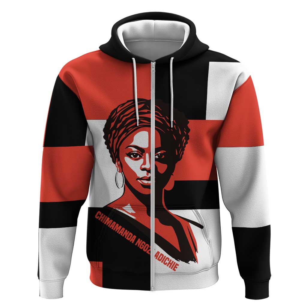 Chimamanda Ngozi Adichie Zip Hoodie with Bold Red Portrait, We Should All Be Feminists Quote - African Pride
