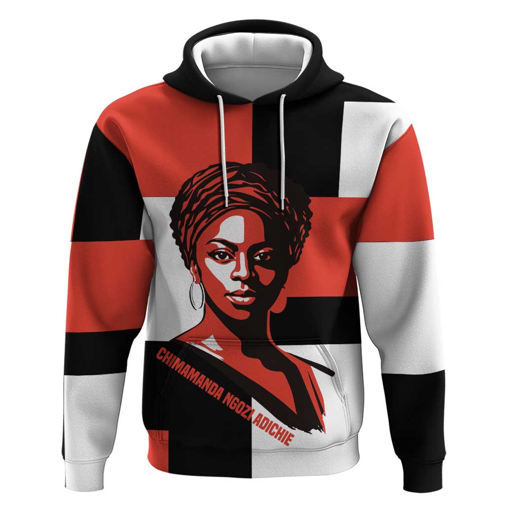 Chimamanda Ngozi Adichie Zip Hoodie with Bold Red Portrait, We Should All Be Feminists Quote - African Pride