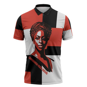 Chimamanda Ngozi Adichie Zipper Polo Shirt with Bold Red Portrait, We Should All Be Feminists Quote - African Pride