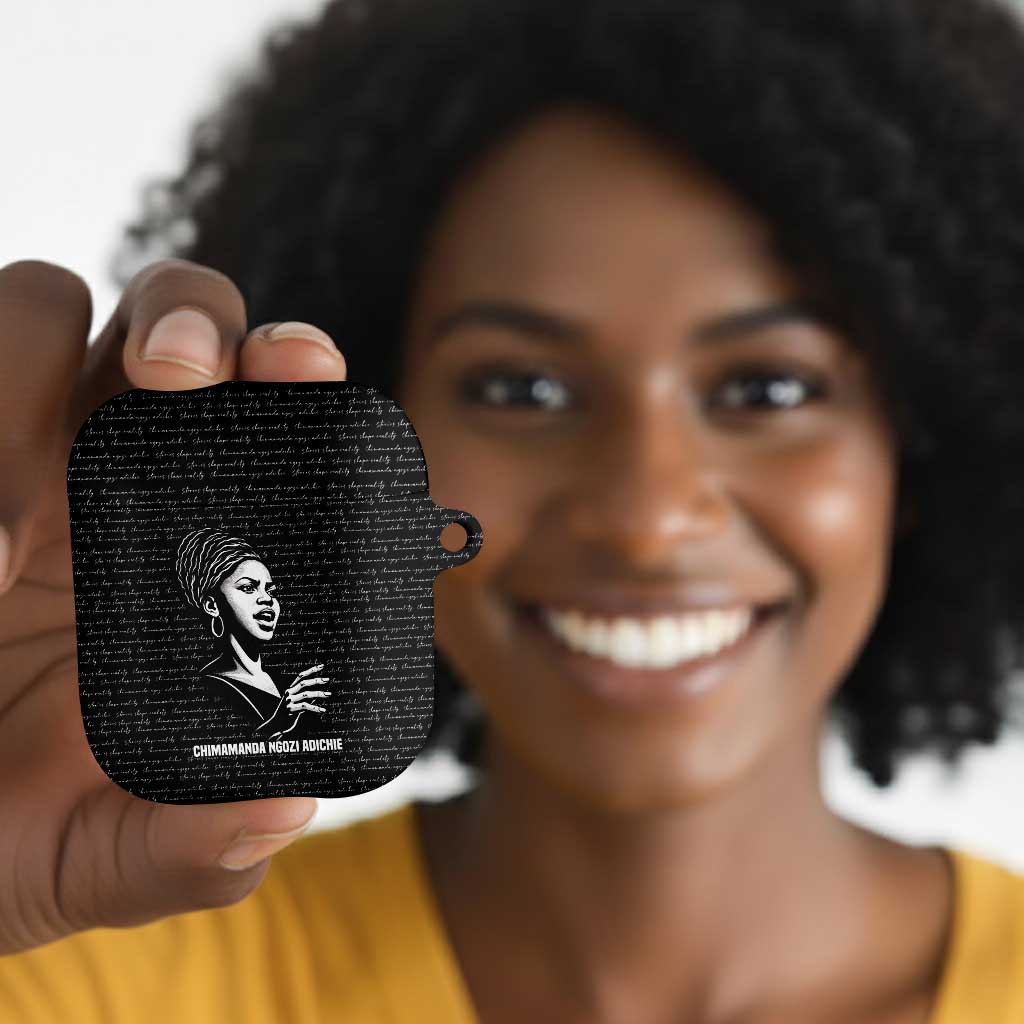 Chimamanda Ngozi Adichie AirPods Case with Expressive Speaking Portrait, Stories Shape Reality - African Pride