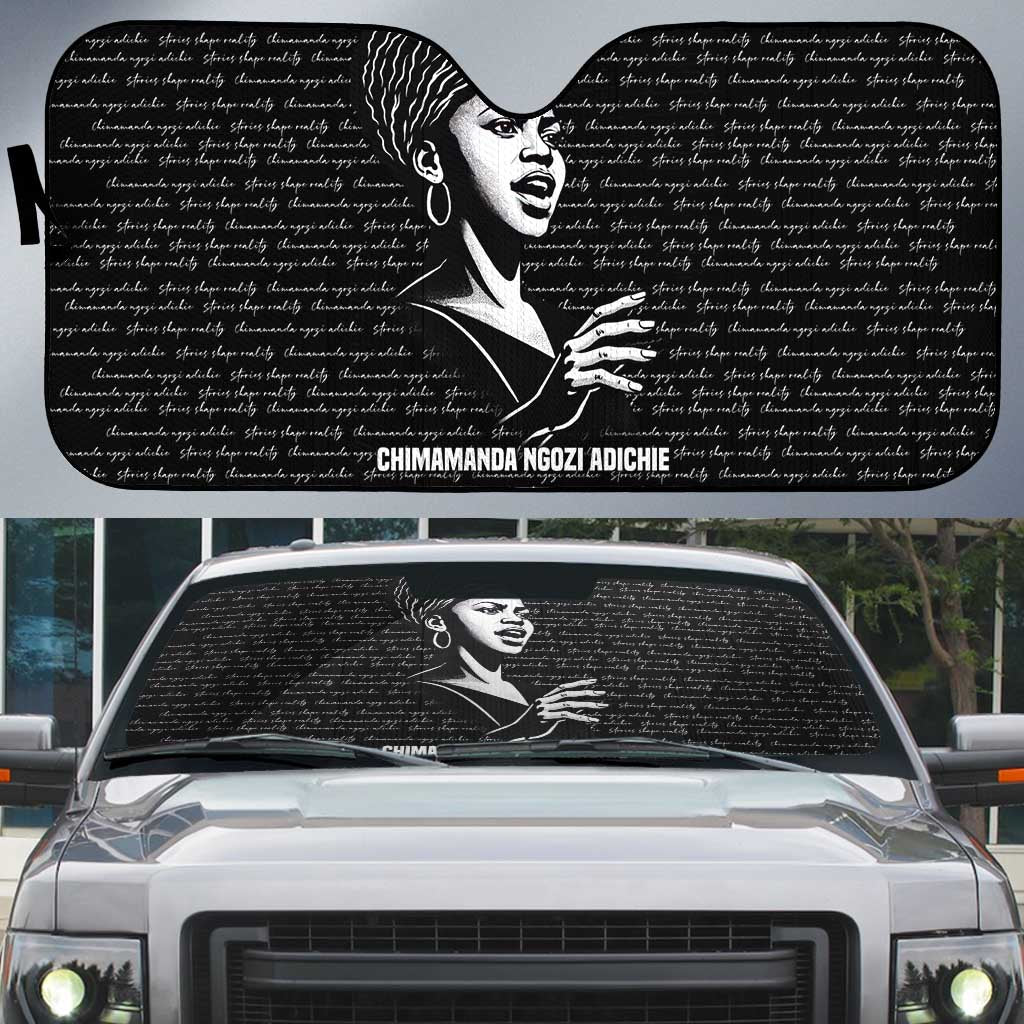 Chimamanda Ngozi Adichie Auto Sun Shade with Expressive Speaking Portrait, Stories Shape Reality - African Pride