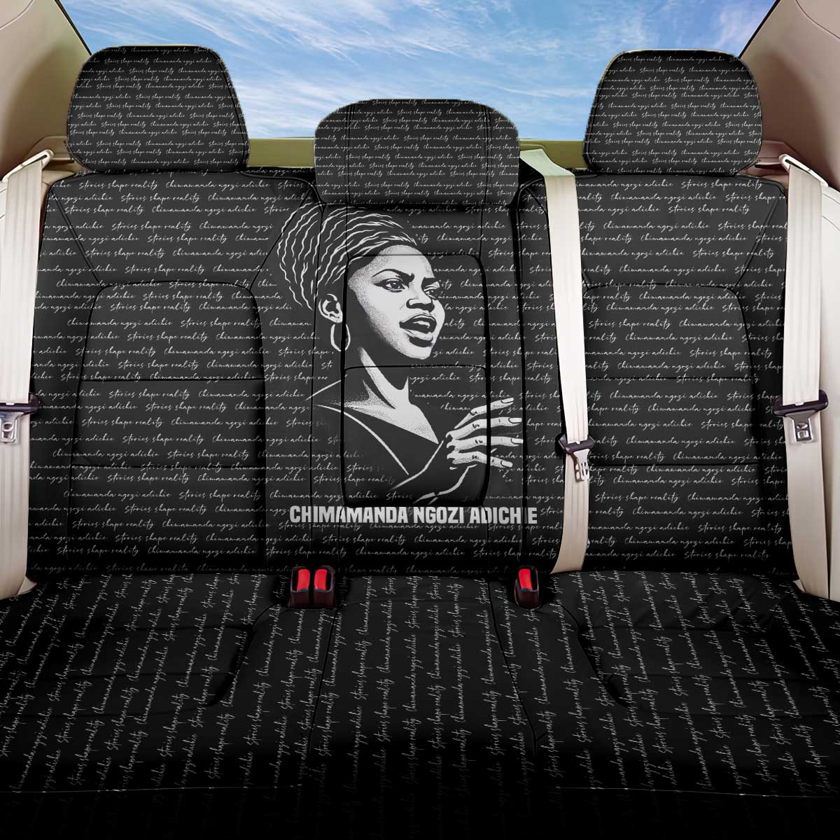 Chimamanda Ngozi Adichie Back Car Seat Cover with Expressive Speaking Portrait, Stories Shape Reality - African Pride