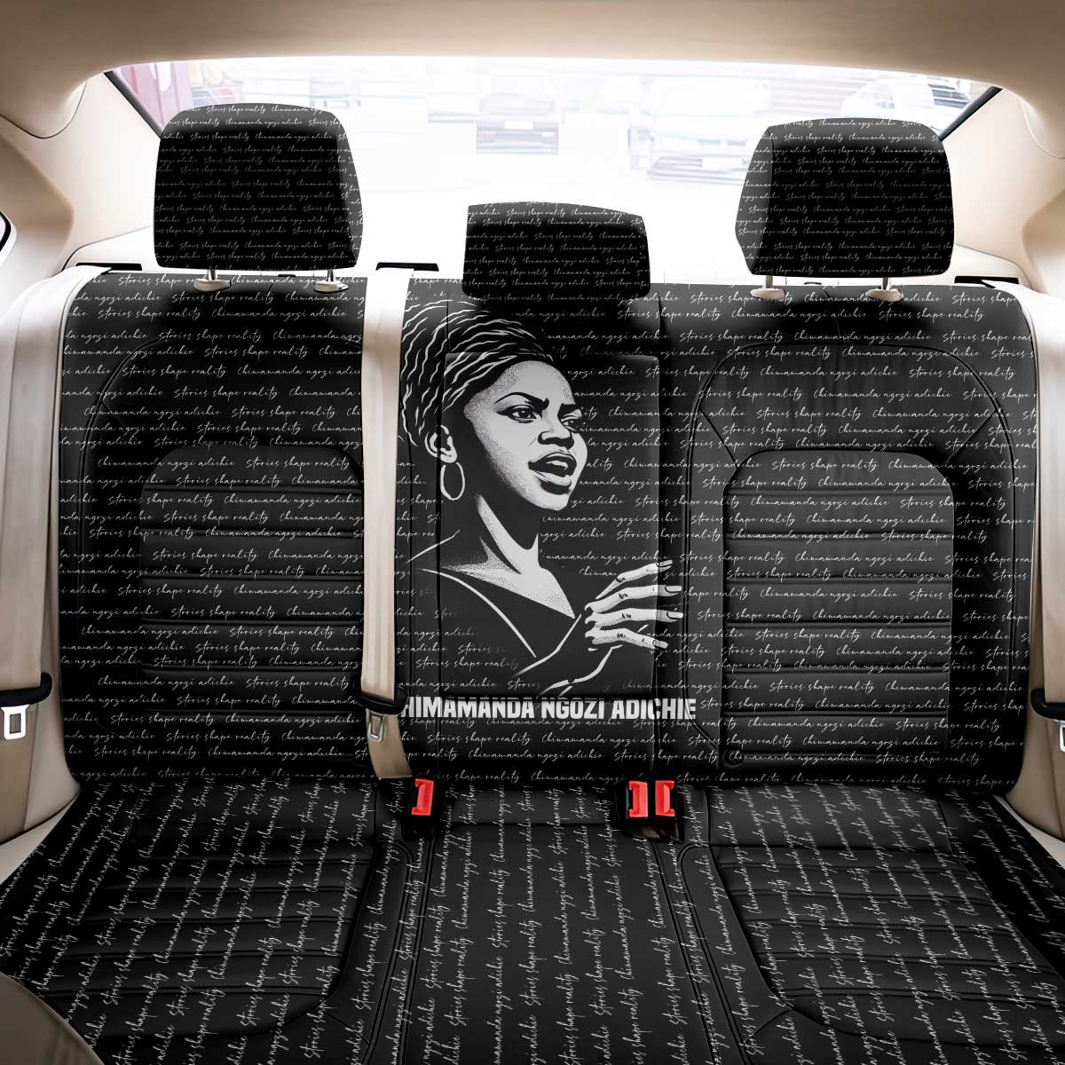 Chimamanda Ngozi Adichie Back Car Seat Cover with Expressive Speaking Portrait, Stories Shape Reality - African Pride