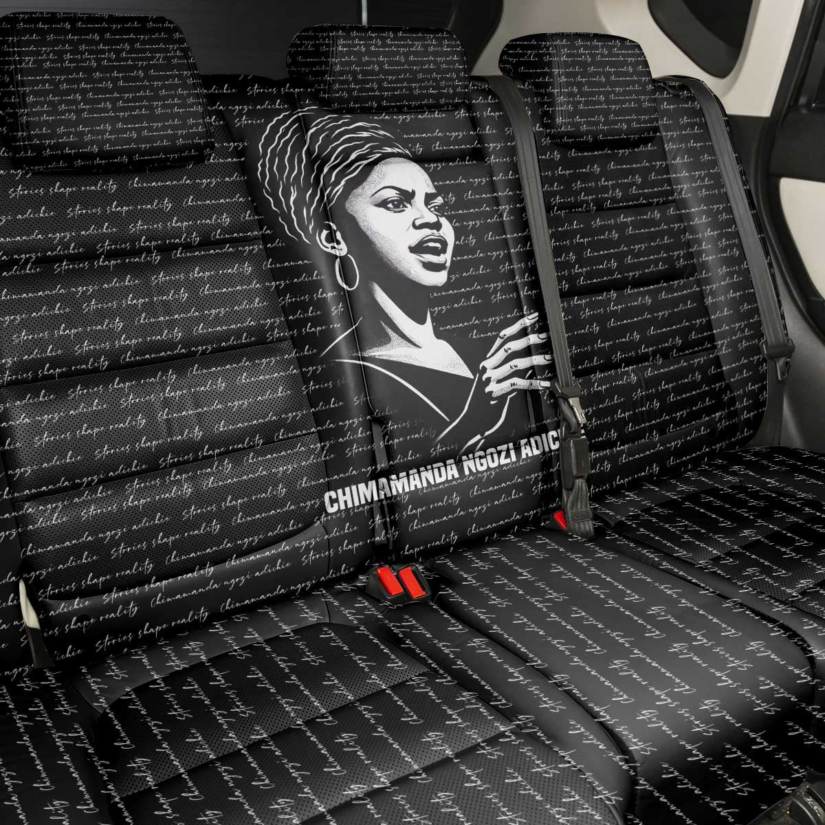 Chimamanda Ngozi Adichie Back Car Seat Cover with Expressive Speaking Portrait, Stories Shape Reality - African Pride