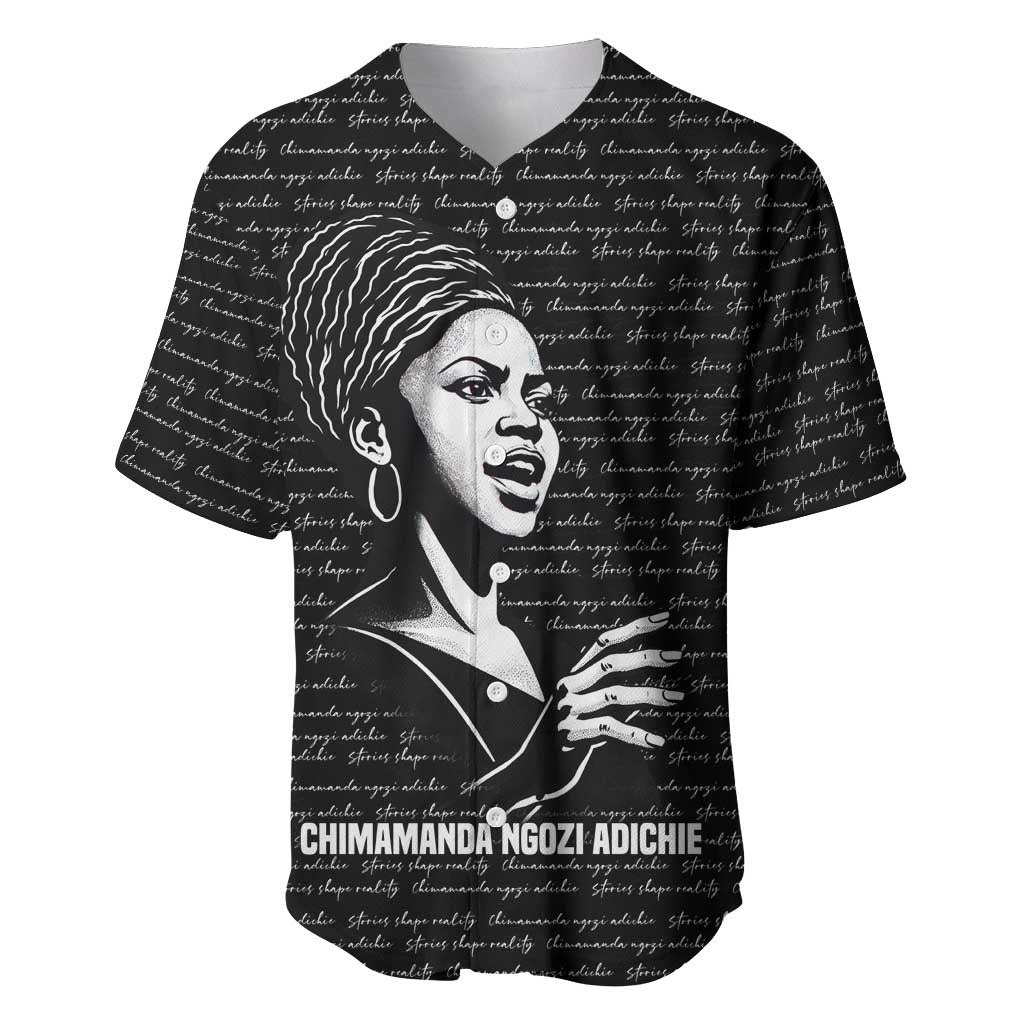 Chimamanda Ngozi Adichie Baseball Jersey with Expressive Speaking Portrait, Stories Shape Reality - African Pride