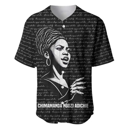 Chimamanda Ngozi Adichie Baseball Jersey with Expressive Speaking Portrait, Stories Shape Reality - African Pride