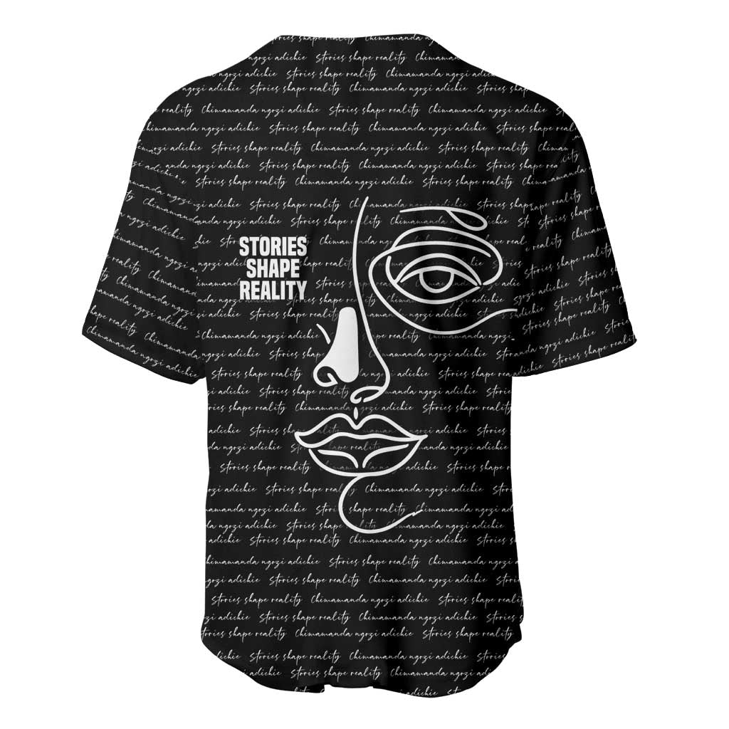 Chimamanda Ngozi Adichie Baseball Jersey with Expressive Speaking Portrait, Stories Shape Reality - African Pride