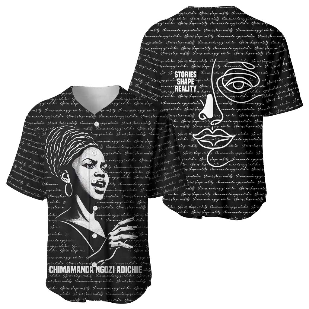 Chimamanda Ngozi Adichie Baseball Jersey with Expressive Speaking Portrait, Stories Shape Reality - African Pride